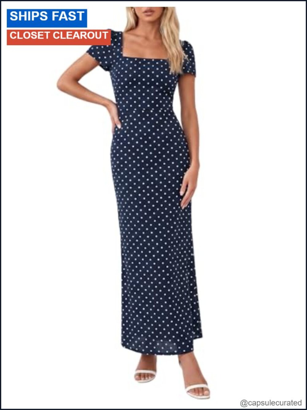 Womens Polka Dot Dress Short Sleeve Square Neck Bodycon Midi